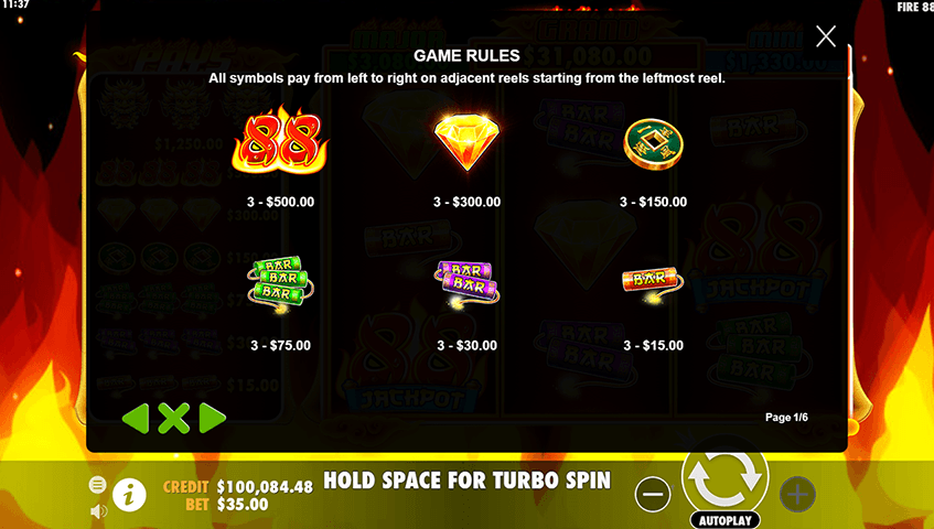 Fire 88 Paytable