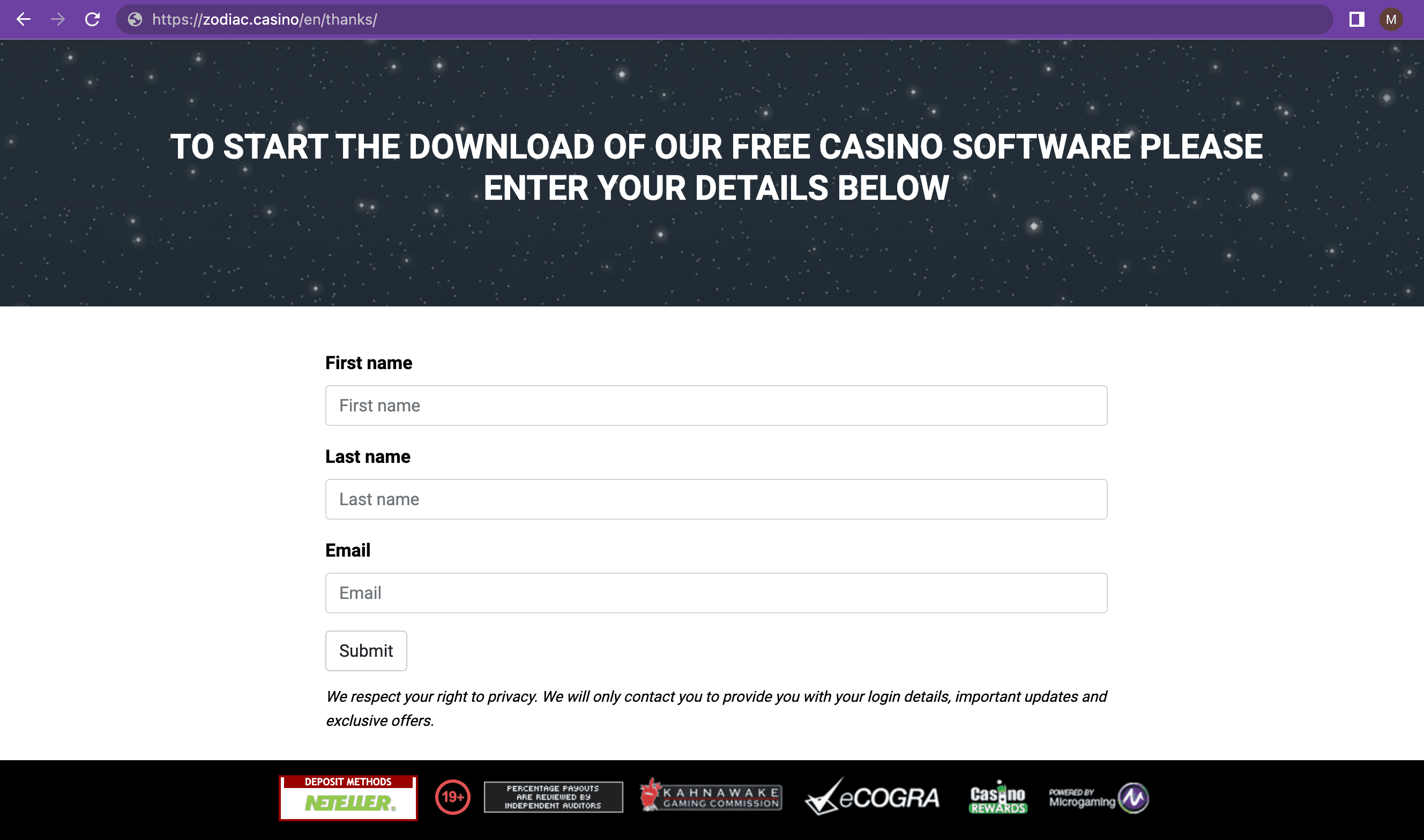 Registration Process Zodiac Casino: Personal Information