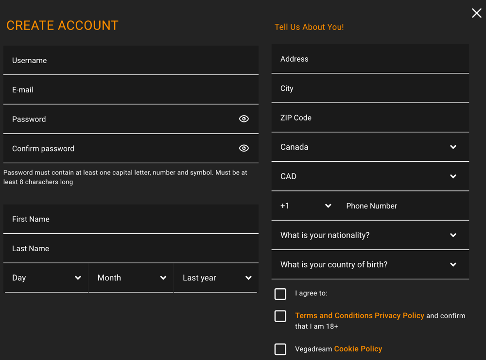 Vegadream casino form of registration new player