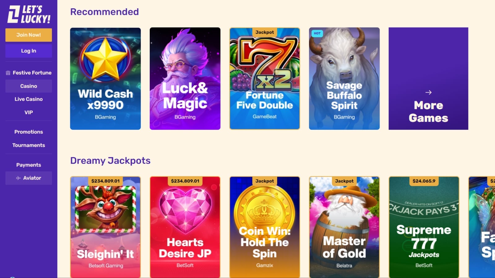 Let's Lucky Casino lobby