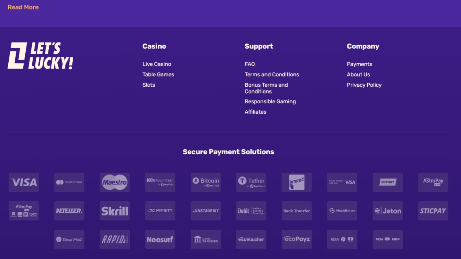 Let's Lucky Casino deposits and withdrawals options