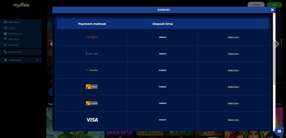 Winspark casino payment options